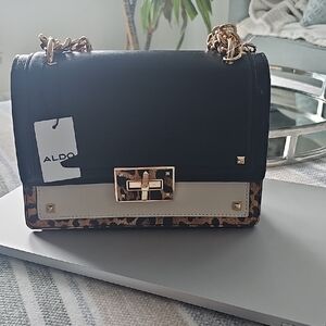 ALDO Black and Cream Shoulder Bag with Leopard Accent